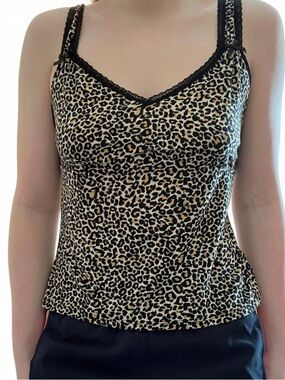 Leopard Print Lace-Trim Cami Tank in Tan and Black